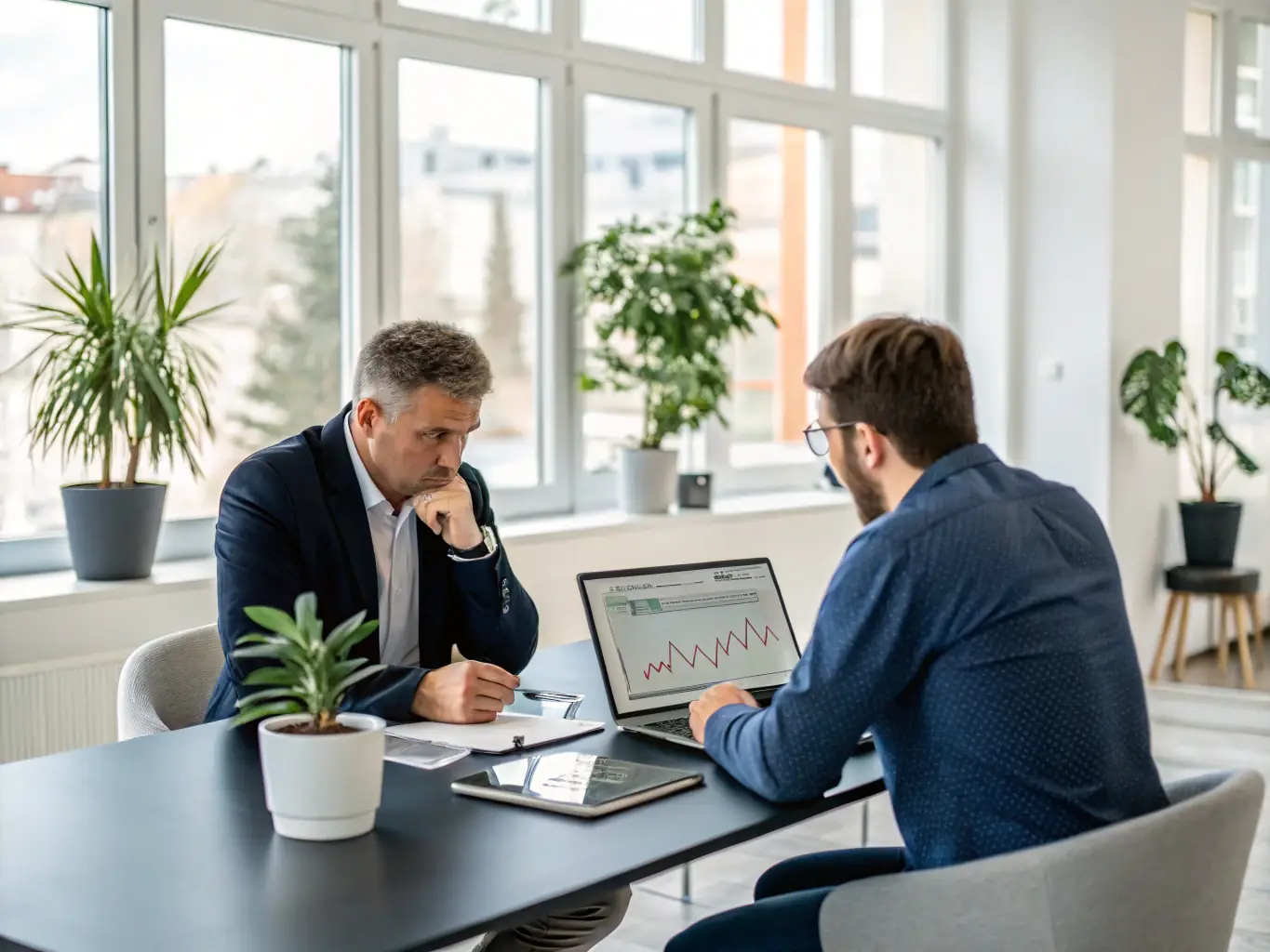 A professional financial advisor in a modern office setting, discussing investment strategies with a client while reviewing charts and graphs on a tablet, emphasizing the importance of personalized advice.