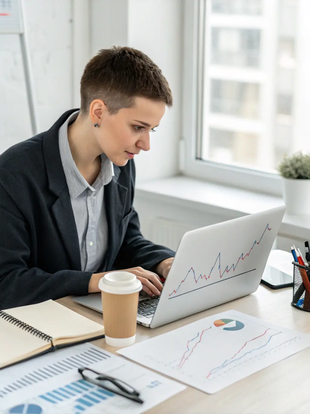 A professional financial advisor analyzing a diverse investment portfolio on a computer, showcasing UK market trends and data.